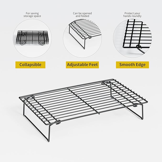 4PCS Cooling Racks for Cooking and Baking, Collapsible 4 Tiers 10"X16" Cool Batches of Cookies, Non-Stick & BPA-Free, Oven and Dishwasher Safe (Black-200)