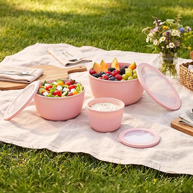 BoxedHome 4.97 Quarts Mixing Bowls with Lids Set, 4 Packs BPA-Free Plastic Prep Bowls for Kitchen, Dishwasher & Microwave Safe, Pink