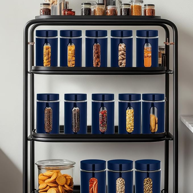 6 Pack Kitchen Canisters Set Airtight Coffee Sugar Tea Storage Jars with Window Glass Stainless Steel Containers with Lids for Flour Cookies Spices Grains Kitchen Decorations (Navy Blue,32 oz)