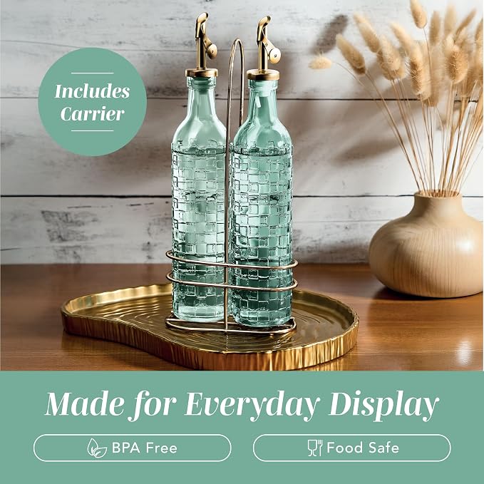 COOK WITH COLOR Glass Olive Oil Bottle Dispenser - 2 Pack- 17oz Oil and Vinegar Cruet - Olive Oil Carafe Decanter for Kitchen, Checkered, Green