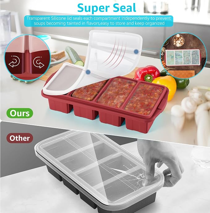 Ztomine Silicone Freezer Tray With Lid - Silicone Freezer Food Molds- Large Ice Cube Tray,Silicone Freezer Container,Freeze & Store Soup, Sauce, Broth,Leftovers - Makes 4 Perfect 1 Cup