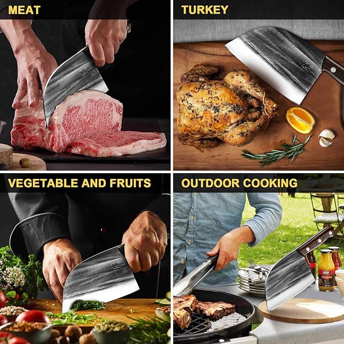 ENOKING 6.7" Serbian Chef Knife, Full Tang Vegetable Meat Cleaver for Kitchen, High-Carbon Stainless Steel Blade with Wooden Handle, Multipurpose Chopper Knife with Sheath & Gift Box