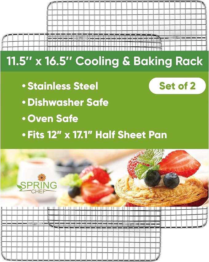 Spring Chef 11.5 x 16.5 Inch Stainless Steel Cooling Racks for Cooling & Baking - Oven Safe - Wire Roasting Racks for Oven Use - Fits Half Sheet Cookie Pan - Dishwasher Safe - Set of 2