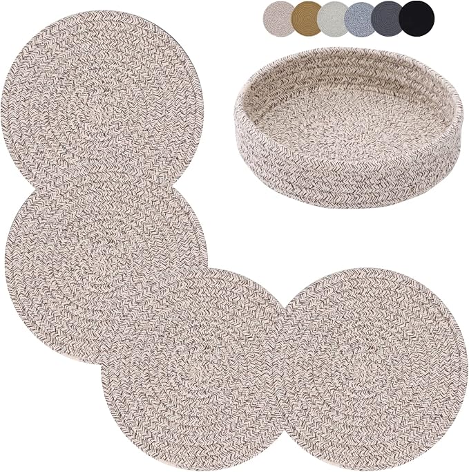 Coga Trivets for Hot Dishes, 4 Pack 7 Inch Cotton Hot Pads for Kitchen with Storage Basket, Round Pot Holders for Kitchen, Heat Resistant Mats for Countertop, Pots and Pans, Farmhouse Decor, Brown