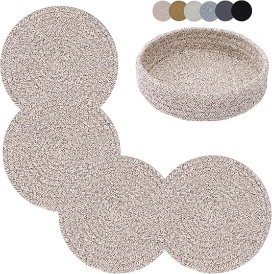 Coga Trivets for Hot Dishes, 4 Pack 7 Inch Cotton Hot Pads for Kitchen with Storage Basket, Round Pot Holders for Kitchen, Heat Resistant Mats for Countertop, Pots and Pans, Farmhouse Decor, Brown