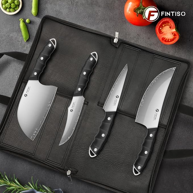 FINTISO Hand Forged Viking Knife Set, 4 PCS Kitchen Knives with Butcher Knife, Serbian Chef Knife & 2 Boning Knives, 5-Layer High Carbon Steel, Full Tang G10 Handle for Kitchen, BBQ & Camping