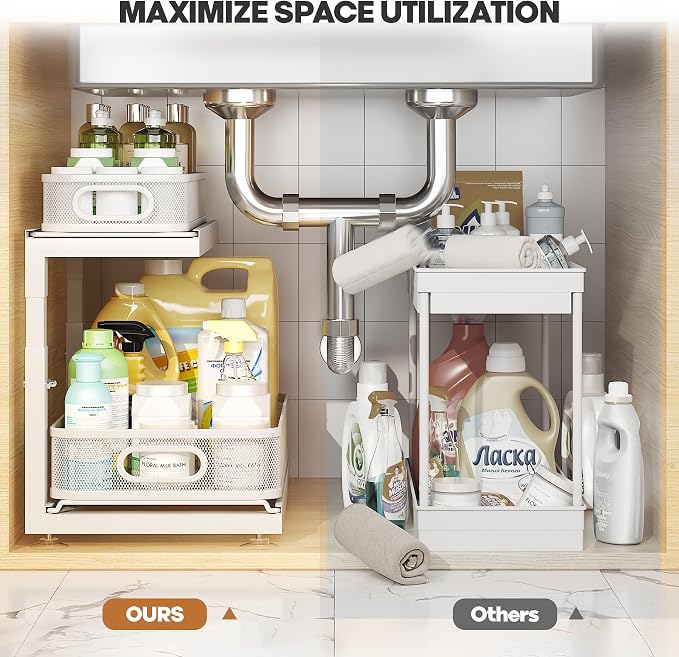 2-Pack Under Sink Storage Organizer with 2-Tier Slide Out Drawer, Sophisticated Mesh Pull Out Shelf for Kitchen & Bathroom, Fits Small Items, Upgraded Arched Track for Smooth Gliding(Patented)