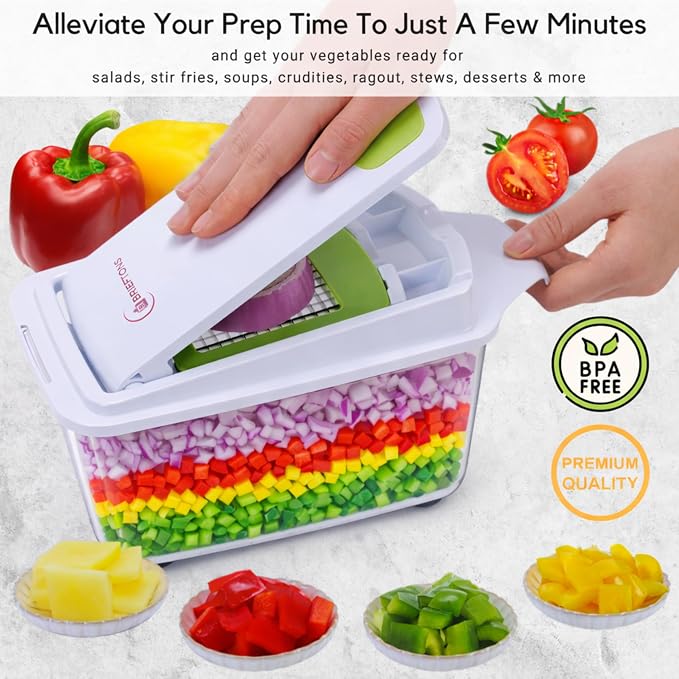 Brieftons QuickPush Food Chopper: 8-Cup Push-Down Onion & Vegetable Dicer, 3 German Steel Blades, BPA-Free Container with Keep-Fresh Lid and Cleaning Comb - Manual, Dishwasher Safe