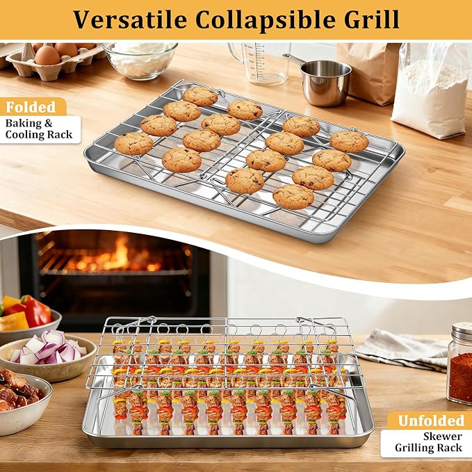E-far Air Fryer Basket for Oven, Large Stainless Steel Baking Sheet Pan and Crisper Tray with Collapsible Cooling Rack & 38 Skewers for Oven Cooking Air Frying Roasting Grilling, Dishwasher Safe