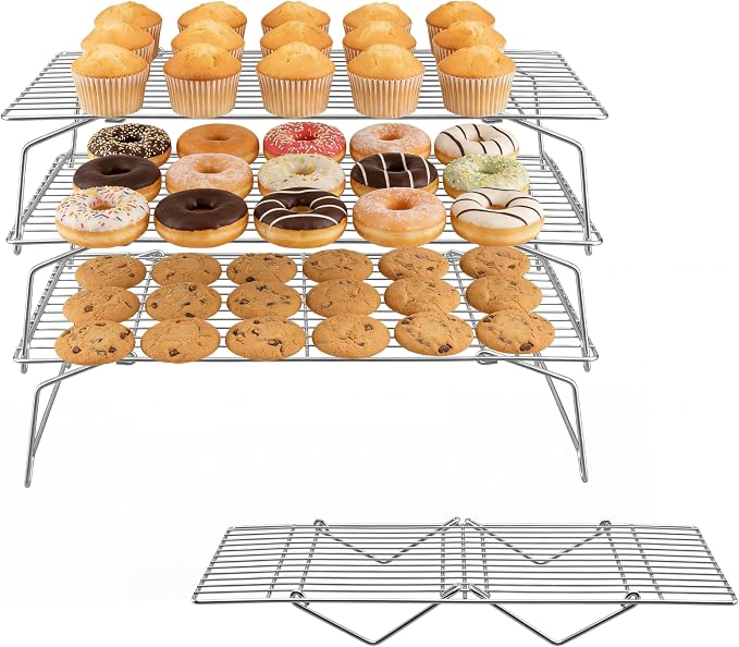 Herogo 15" x 10" Cooling Rack, 4-Tier Stainless Steel Baking Rack for Cookies, Cupcakes, and Pastries, Collapsible Space-Saving Design, Dishwasher Safe, Ideal for Baking, Roasting, and Drying