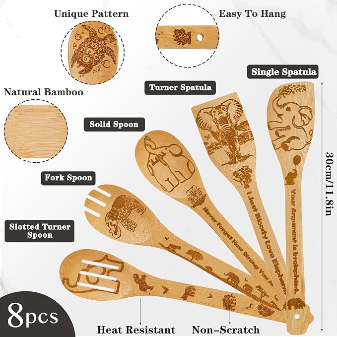 Elephant Gifts for Women,8pcs Elephants Bamboo Cooking Utensil Spoons with Apron Oven Mitt Potholder,Personalized Elephant Gift for Mom,Housewarming Kitchen Decor,Easter,Birthday,Fathers Day