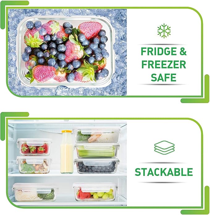 Prep Naturals 5 Pack 36oz Glass Meal Prep Containers - 1 Compartment | Square Borosilicate Glass Meal Prep Containers - Airtight Leak-Resistant Lids, Microwave, Oven & Freezer Safe (5-Pack, 36 oz)