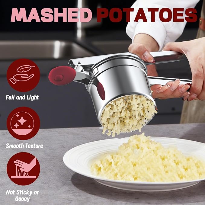 Large 15oz Potato Ricer for Mashed Potatoes, Heavy Duty 18/8 Stainless Steel Potato Masher for Baby Food & Spaetzle Maker, Masher and Ricer Kitchen Tool, Press and Mash Kitchen Gadget, Red