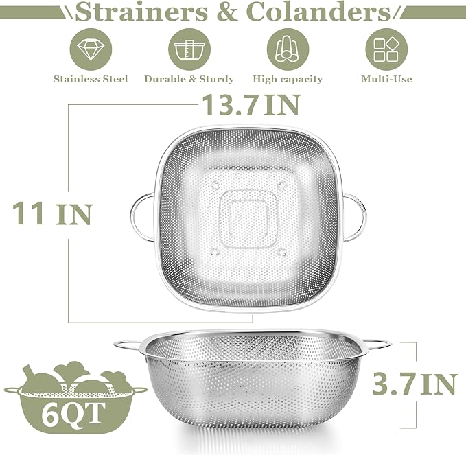 E-far 6QT Stainless Steel Colander with Handle - Square Metal Kitchen Strainer for Pasta & Vegetable Draining, Micro-Perforated & Elevated Feet, Dishwasher Safe