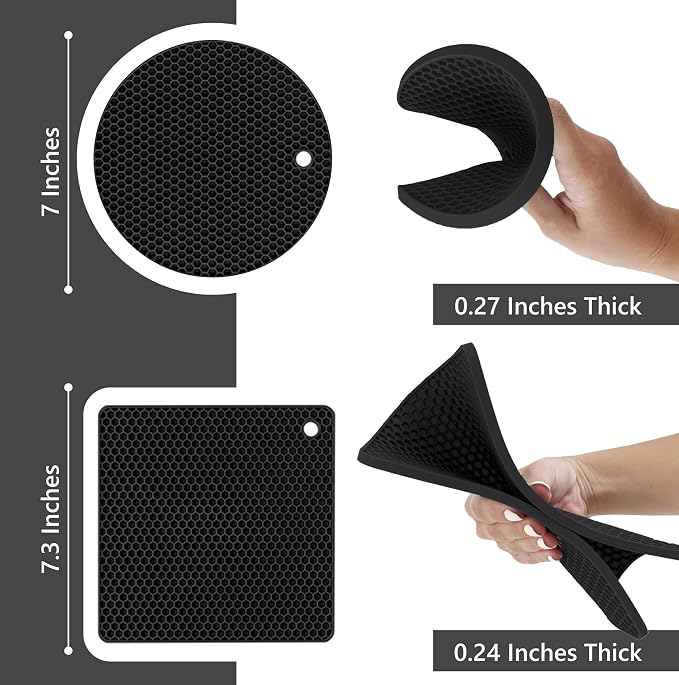 Silicone Trivets for Hot Dishes, Pots, Pans (4 Pack) - Heat-Resistant Pot Holders for Kitchen Countertop Mats - Silicone Trivet Mat - Multipurpose Counter Pads (Black)