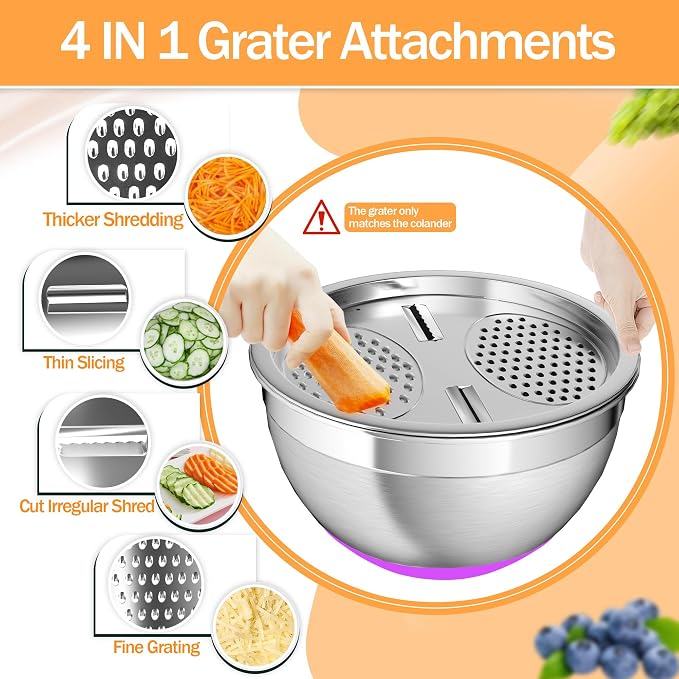 Nicdiet Mixing Bowls with Airtight Lids, Stainless Steel Mixing Bowl Set with 3 Metal Nesting Bowls, Colander & Grater, Non-Slip Bottoms, Size 1.5, 2.5, 5 QT, Great for Mixing & Serving, Mutilcolor