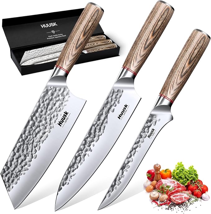 Huusk Japanese Kitchen Knife Set of 3, Professional Chef Knives Set for Kitchen, Hand Forged Butcher Knife Set for Meat Cutting, Meat Cleaver Boning Knife with Pakkawood Handle, Gift Idea for Men