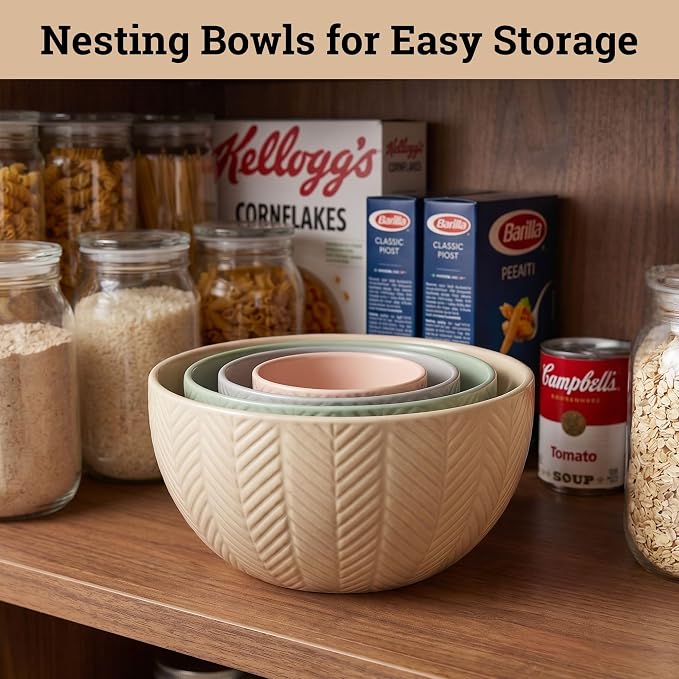 Ceramic Mixing Bowls Set of 4 pcs, Colorful Nesting Bowls 5, 3, 1, 0.5 Qt | Thick, Durable, Scratch Resistant Ceramic, Nesting Set of 4, Dishwasher, Freezer, Microwave, and Oven Safe, Wide Stable Base