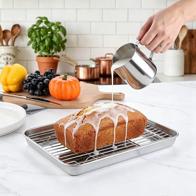 Homikit Mini Baking Sheet with Wire Rack for Toaster Oven (2 Pans+2 Racks) | 9x7 Inch Stainless Steel Baking Sheets with Cooling Racks Set, Small Cookie Pans Nonstick, Metal Bacon Tray, Dishwasher Safe