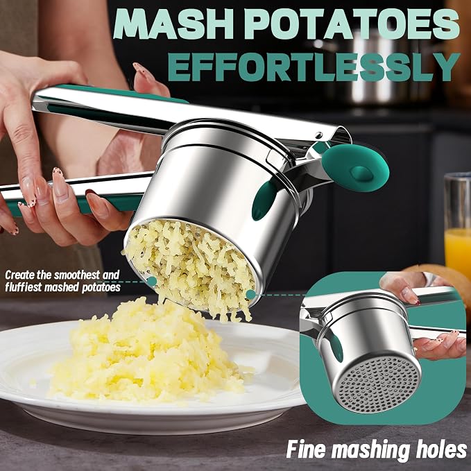 Large 15oz Potato Ricer for Mashed Potatoes, Heavy Duty 18/8 Stainless Steel Potato Masher for Baby Food & Spaetzle Maker, Masher and Ricer Kitchen Tool, Press and Mash Kitchen Gadget, Green