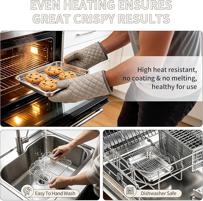 TeamFar Stainless Steel Toaster Oven Pan with Rack Set, 9"x7"x1" | 2 Pans + 2 Racks, Toaster Oven Baking Pan Tray with Cooling Rack for Cooking, Non-Toxic & Rust Proof, Dishwasher Safe