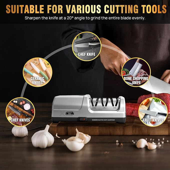 Electric Knife Sharpener for Kitchen—Fast Sharpening to Restore and Polish Chef Straight and Serrated Knives with 3 Stages & 20° Angle System with Metal Dust Box