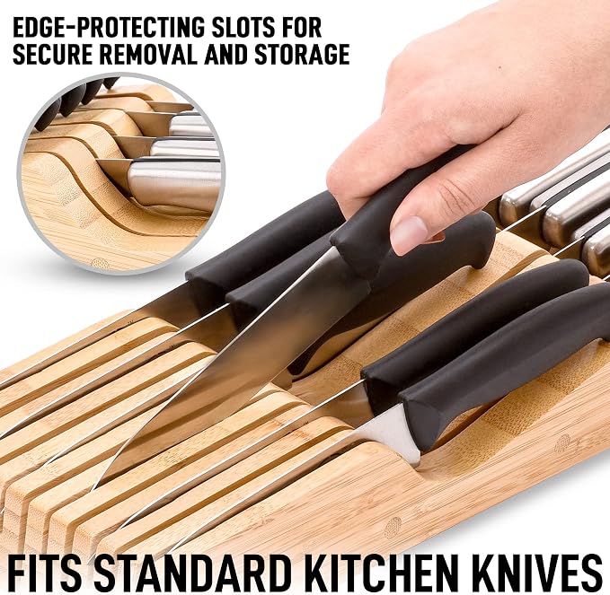 Zulay Kitchen Bamboo Knife Drawer Organizer Insert - Edge-Protecting Knife Organizer Block Holds Up To 11 Knives - Smooth Finish Drawer Knife Organizer Tray Fits In Most Drawers For Kitchen