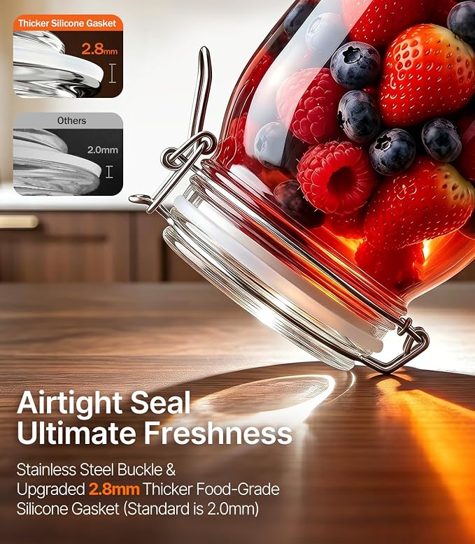 34oz Large Glass Storage Jars with Airtight Lids, 6 Pack - Wide Mouth | Food-Grade Glass Canisters & Pickling Jars for Pantry, Overnight Oats & Flour. Stainless Steel Clamp & 2.8mm Silicone Seal