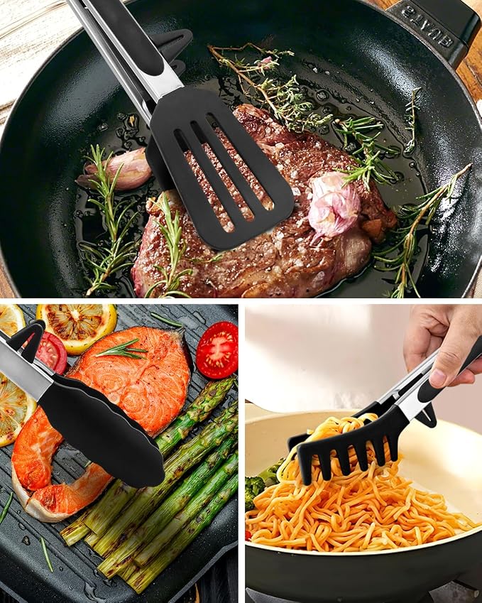 Kitchen Tongs for Cooking, Non Scratch Silicone Tip for Nonstick Cooking Pans, Food Grade Mini Serving Tongs, Pull Lock, Set of 3 (Black, 9 inch)