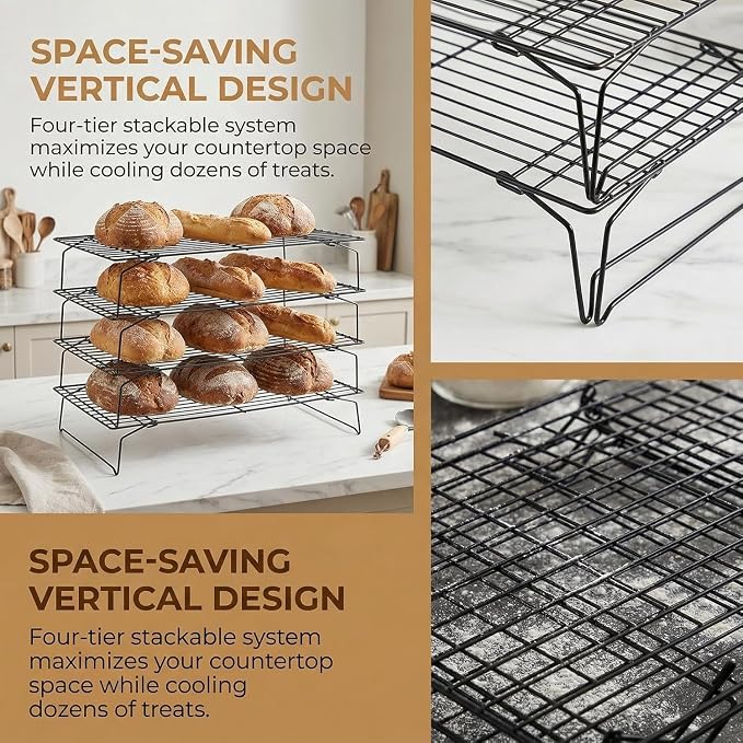 Collapsible Cooling Rack, Stainless Steel Rack for Cookie Baking (4-TIER) | X-Shaped Structure Wire Cooling Rack for Baking, Cookies, Cake, Fruit, Bread,Roasting, Grilling, Drying Rack, Dishwasher Safe