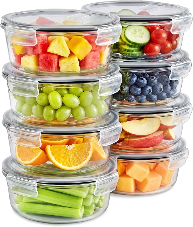 Sorbus Glass Meal Prep Containers Set, 8 Pack Round Borosilicate Glass Containers 32.7oz / 970ml, Airtight Vented Lids, Leakproof, BPA Free, Oven Microwave Freezer Dishwasher Safe, Stackable, 7x3 in