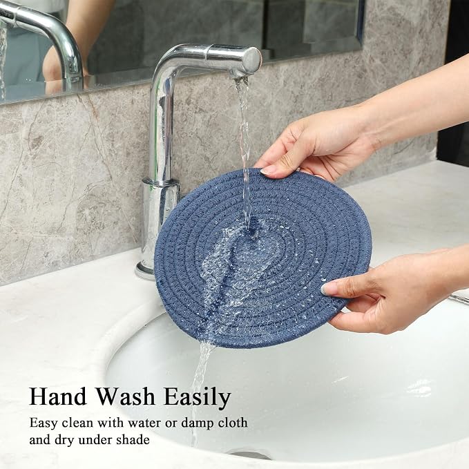 SHACOS 8 Inch Trivets for Hot Dishes, 4 Pcs Cotton Trivets Mats for Kitchen, Hot Pads for Countertops and Table, Heat-Resistant Pot Holders for Hot Pots and Pans(Blue+Dark Grey) (Pack of 2)