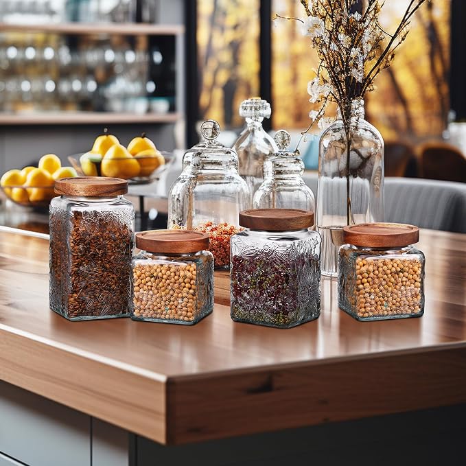 5 Pcs Sunflower Vintage Glass Jars with Bamboo Airtight Lid 17/24/34 oz Glass Food Containers Storage for Kitchen Counter Pantry Sugar Flour Coffee Tea Candy Oats Cereal(Square)