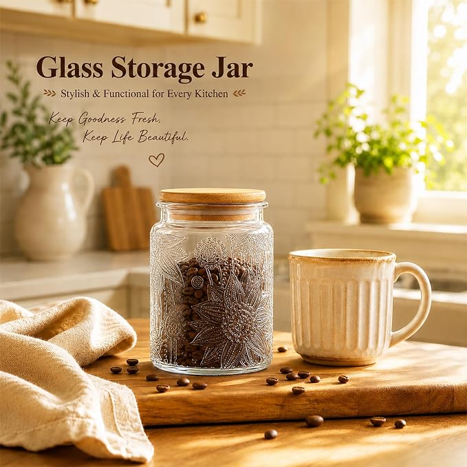 Vintage Glass Jars With Lids, 23.7oz Airtight Food Storage Containers,Kitchen Canisters For Sugar, Coffee, Tea, Spice, Flour, Candy Cookie, Pasta, Cereal, Cute Decorative Jars(Sunflower*1)