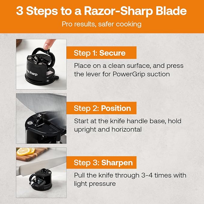 AnySharp – Global – Hands Free Knife Sharpener - Easy to Use Sharpening Tool with PowerGrip Suction Base and 20-Degree Pre-Set Angle - for All Knives: Chef's, Serrated, and Hardened Steel - Black