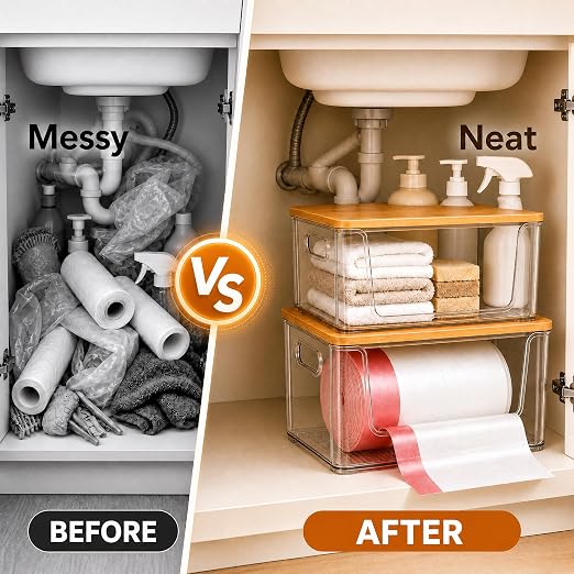 Trash Bag Holder 2 Pack, Stackable Garbage Bag Dispenser with Bamboo Lid, Extra Large Trashbag Dispenser for 13/30/33 Gallon Bags, Clear Organizer for Under Sink Kitchen Laundry Room