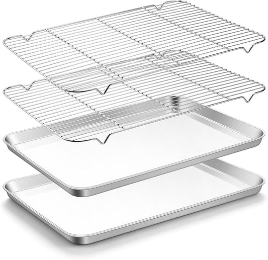 TeamFar Stainless Steel Baking Sheet with Rack Set, 20"x14"x1.2" | 2 Pans + 2 Racks, Cookie Sheet Baking Pan Tray with Cooling Rack for Cooking, Non-Toxic & Rust Proof, Dishwasher Safe