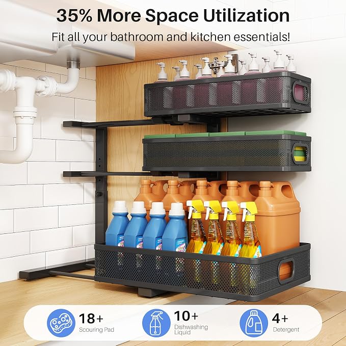Under Sink Organizer, 3-Tier Thickened Metal Pull out Cabinet Organizer Shelf, Height Adjustable Slide out Storage Drawer Rack for Kitchen Bathroom Pantry Laundry Home Organization, 1-Pack, Black | 35% Extra Storage Capacity, Carbon Steel, Hold Up 55lb...