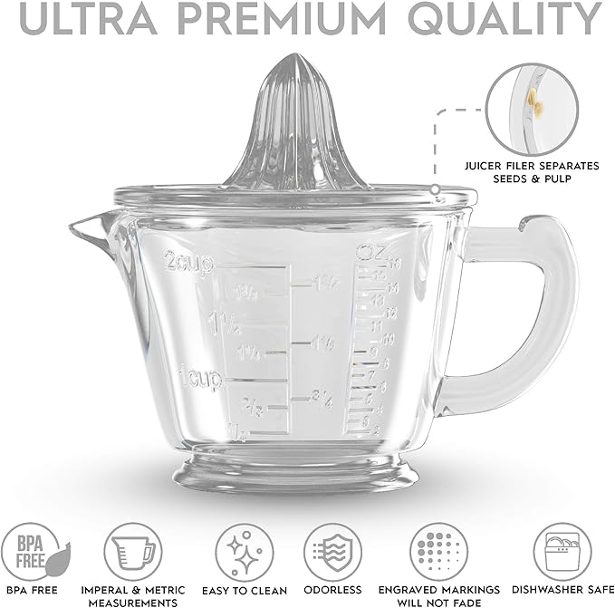 CuttleLab Glass 2-Cup Juicer (Clear) - Lemon and Lime Manual Squeezer, Citrus Reamer