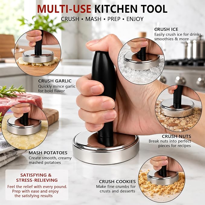 Meat Pounder Tenderizer, Solid Stainless Steel Meat Flattener & Smash Burger Press, Heavy-Duty Round Base Flattens Chicken, Steak, Pork Chops, and Smash Burgers with Less Effort