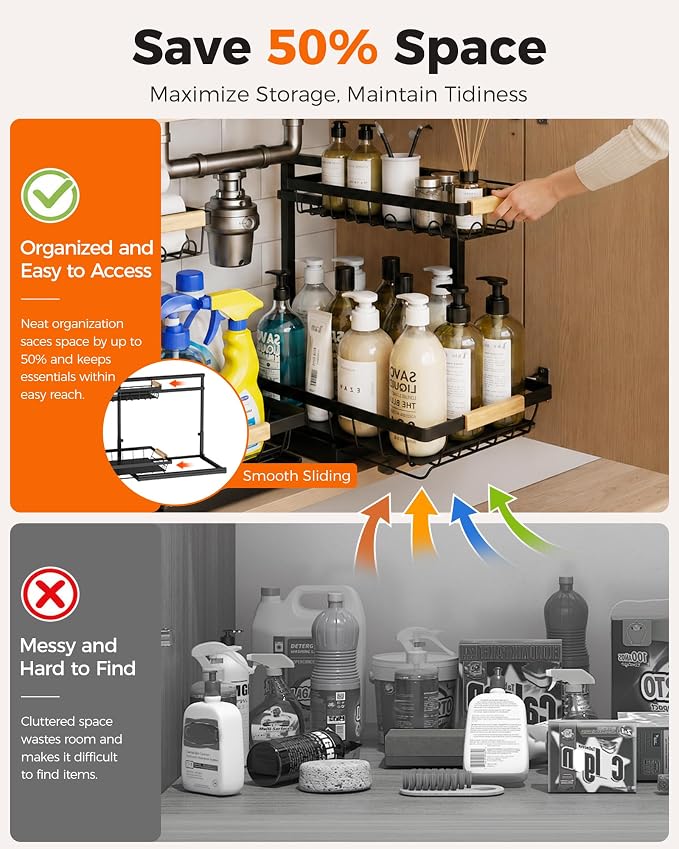 2-Pack 2-Tier Height Adjustable Under Sink Organizer & Storage | Multi-purpose storage for kitchen & bathroom cabinet. Large black shelf, height adjustable design for space-saving.