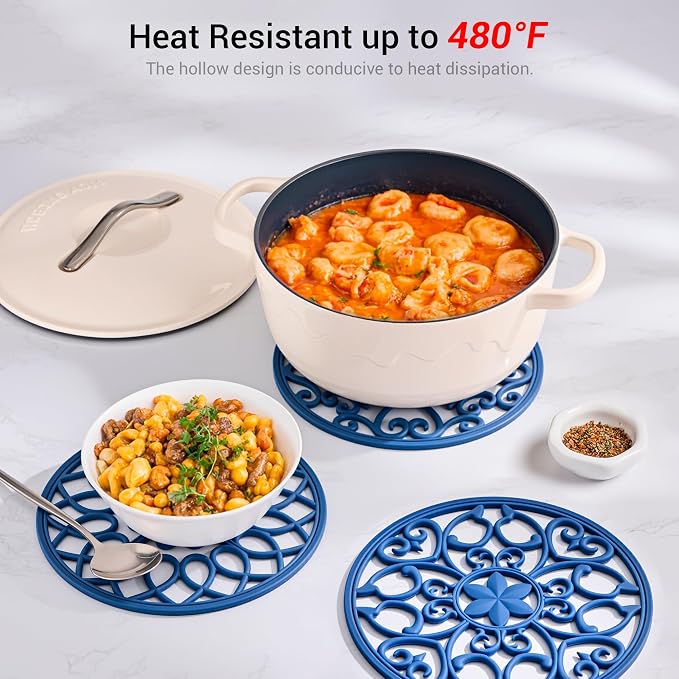 SMARTAKE 3 Set Silicone Trivet Mats for Hot Dishes, Heat Resistant Pots and Pans Holders, Non-Slip Flexible Hot Pads Coasters for Countertops Table, Modern Kitchen Decor Accessories (Navy Blue)
