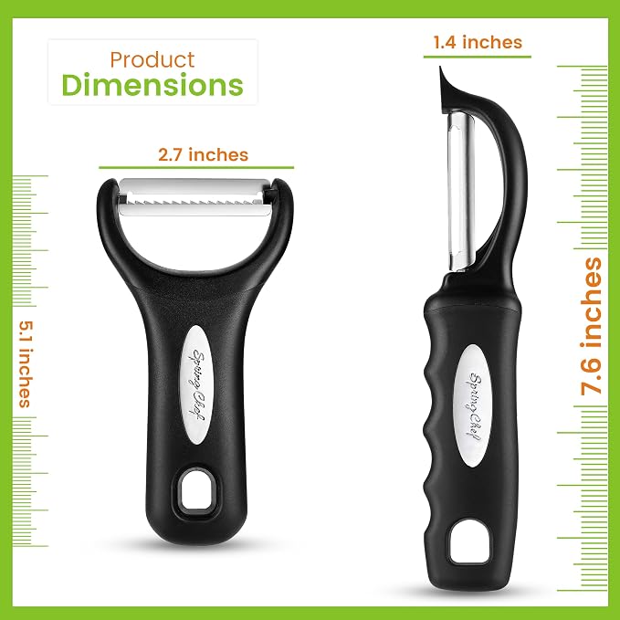 Spring Chef Swivel & Vegetable Julienne Peeler Set for Kitchen with Stainless Steel Sharp Blades - Potato Peelers with Soft Grip Handles & Blade Covers - Perfect for Carrot, Zucchini, Cucumber - Black