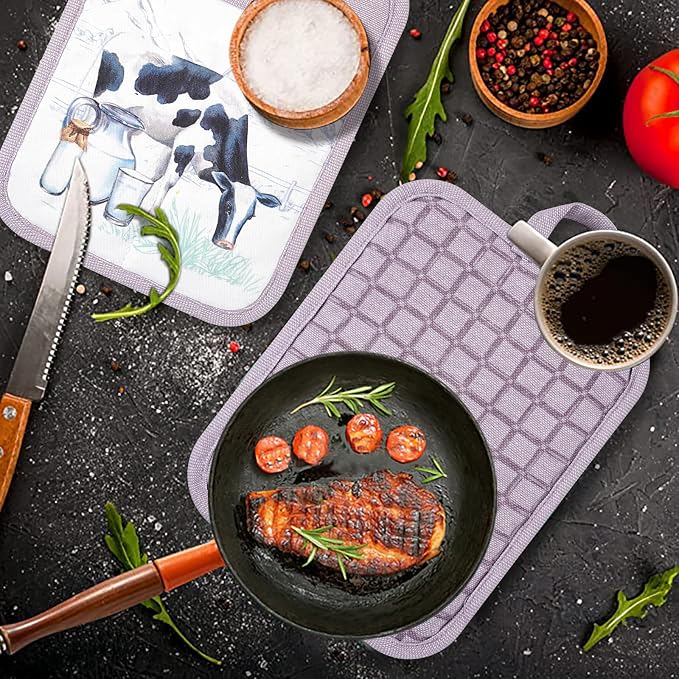 Pot Holders Set of 3 Silicone Printing Non Slip Heat Resistant, Yarm-Dyed Hot Pads Cotton Home Kitchen Cooking Barbecue Microwave Women Men Machine Washable BBQ Grilling. (Purple Potholders)