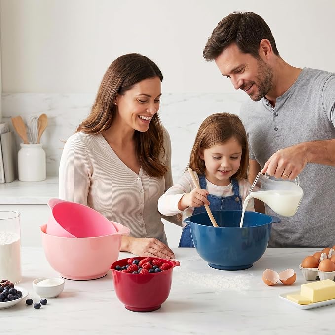 BoxedHome Classic Mixing Bowls Set of 4, BPA Free Plastic, Microwave Safe | 4.5, 3.5, 2.5 and 1.7 Quarts, Non-slip Base Large Non-toxic Nesting Bowl with Pour Spout, Dishwasher Safe, for Prep, Cooking