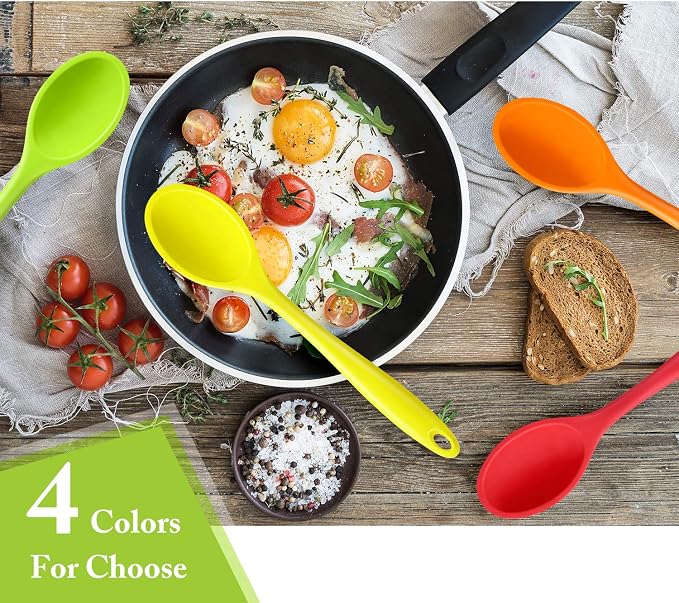 Shappy 4 Pieces Silicone Cooking Spoons 10.6 Inch Heat Resistant Kitchen Spoons for Mixing, Serving and Stirring Upgrade Large Non Stick Basting Utensils, Dishwasher Safe(Spoon,Bright Color)
