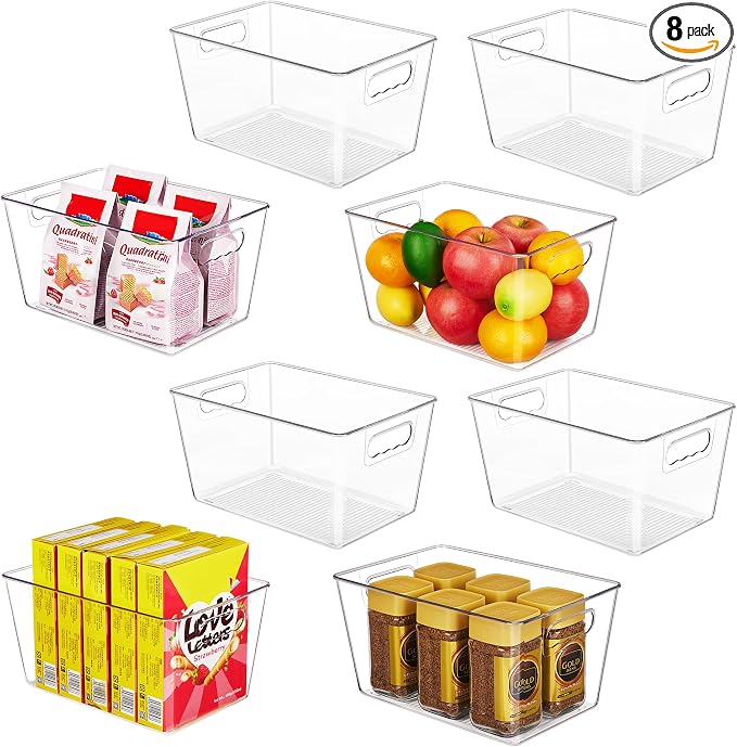 YIHONG 8 Pack Clear Storage Bins, Pantry Organizer Bins with Handle, Large | Plastic Bins, Pantry Storage Containers for Kitchen, Freezer, Cabinet, Closet, Bathroom, Under Sink Organizers and Storage