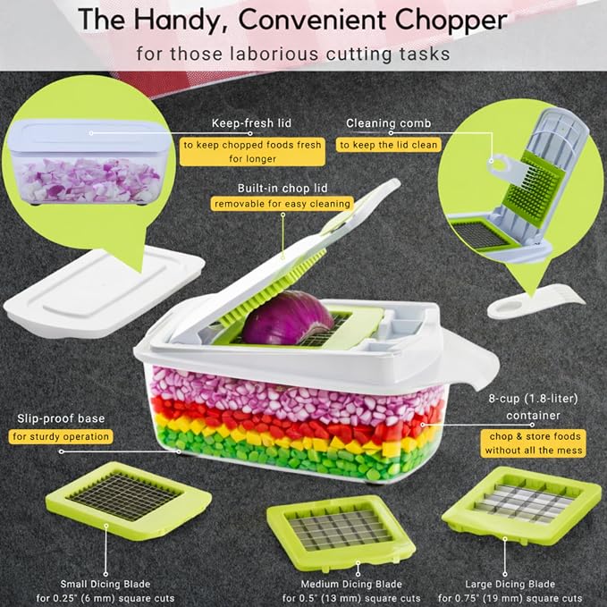 Brieftons QuickPush Food Chopper: 8-Cup Push-Down Onion & Vegetable Dicer, 3 German Steel Blades, BPA-Free Container with Keep-Fresh Lid and Cleaning Comb - Manual, Dishwasher Safe