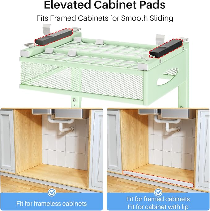 Under Sink Organizer, 2 Tier Pull Out Under Cabinet Organizer Shelf with Pad for Framed Cabinets, Metal Slide Out Under Sink Storage, Mesh Sliding Drawers for Kitchen Bathroom Laundry(Green, 1 Pack)