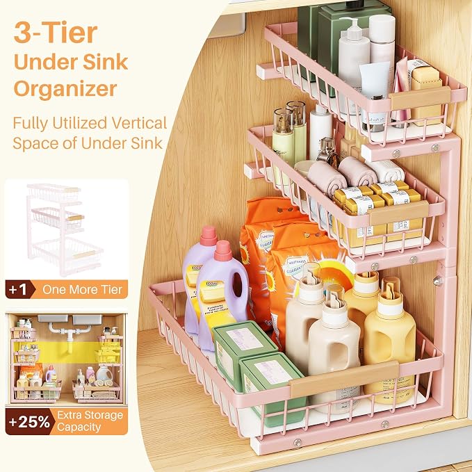 PXRACK Under Sink Organizer, 2-Pack 3-Tier Height Adjustable Thickened Metal Pull out Cabinet Organizer Shelf, Slide out Storage Drawer Rack for Bathroom Kitchen Pantry Home Organization, Pink